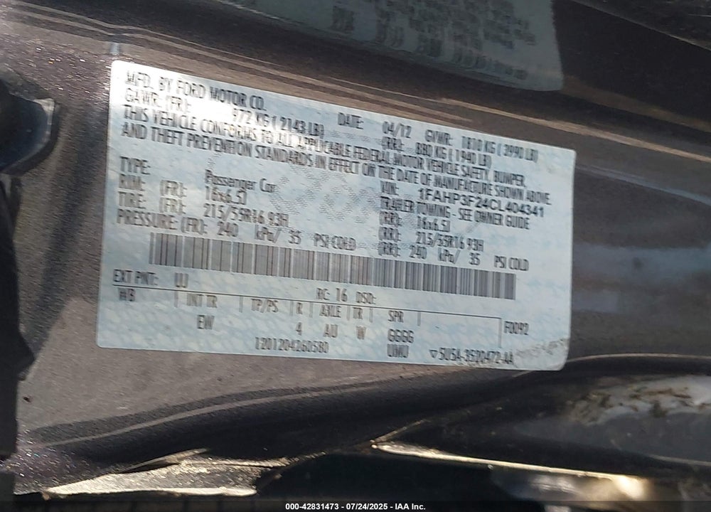 2012 FORD FOCUS VIN: 1FAHP3F24CL404341