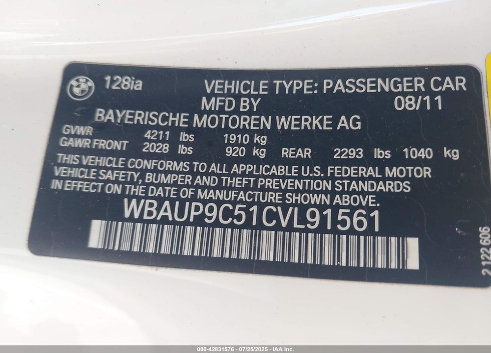 2012 BMW 1 SERIES VIN: WBAUP9C51CVL91561