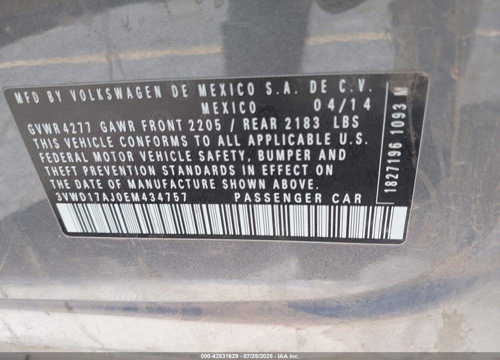 2014 VOLKSWAGEN JETTA VIN: 3VWD17AJ0EM434757