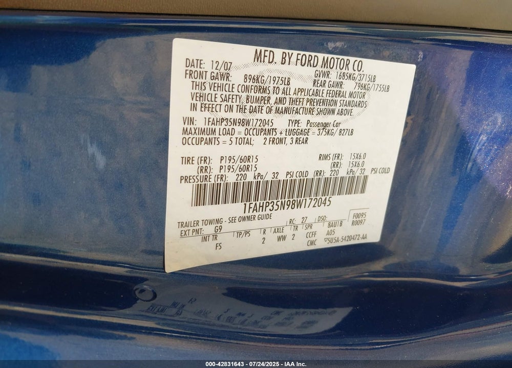 2008 FORD FOCUS VIN: 1FAHP35N98W172045