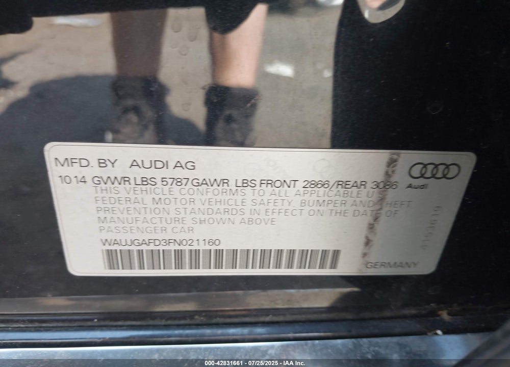 2015 AUDI A8 VIN: WAUJGAFD3FN021160