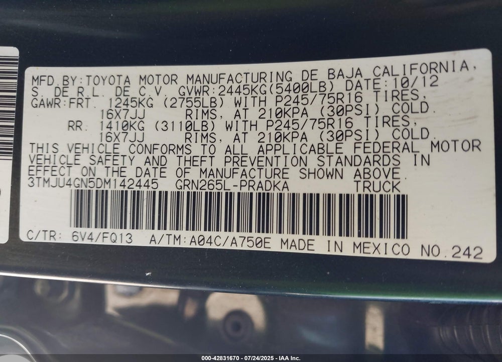 2013 TOYOTA TACOMA VIN: 3TMJU4GN5DM142445