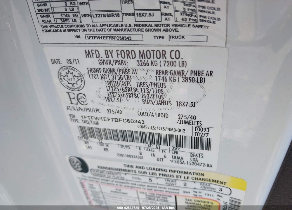 2011 FORD F-150 VIN: 1FTFW1EF7BFC60343
