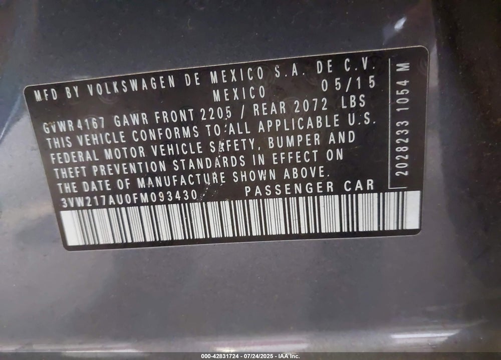2015 VOLKSWAGEN GOLF VIN: 3VW217AU0FM093430