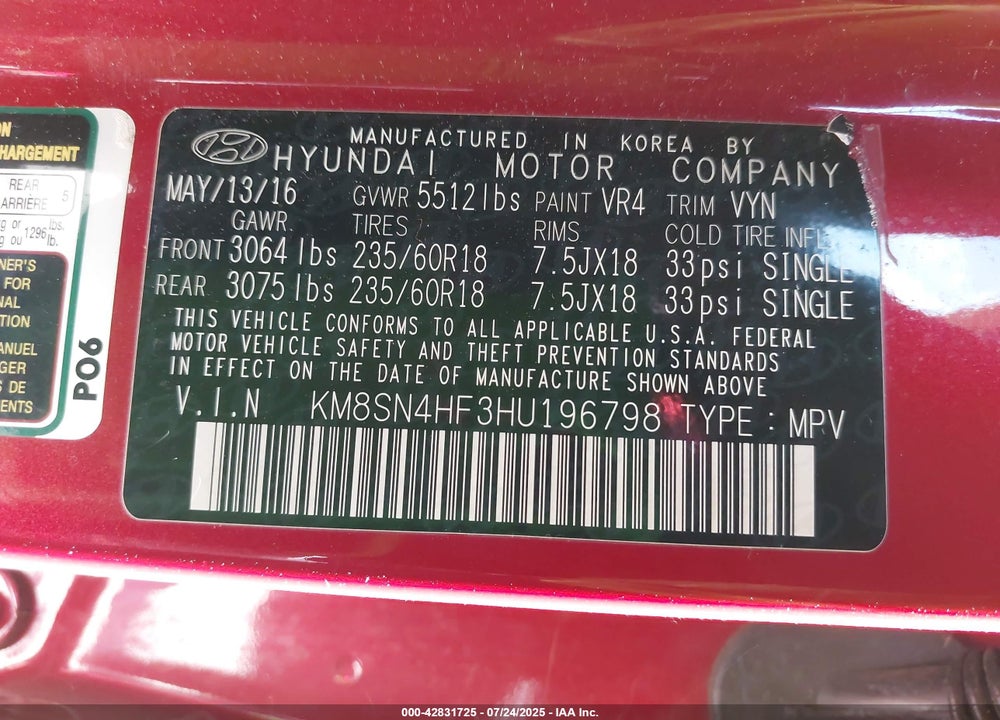 2017 HYUNDAI SANTA FE VIN: KM8SN4HF3HU196798