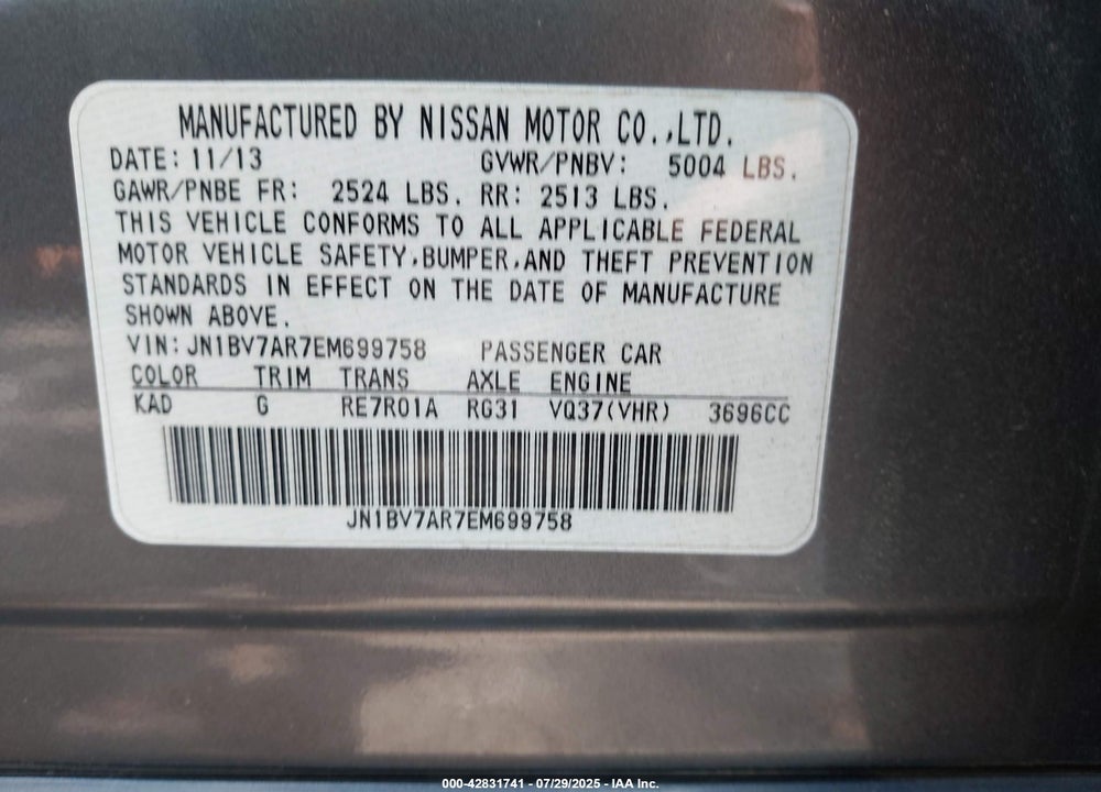 2014 INFINITI Q50 VIN: JN1BV7AR7EM699758