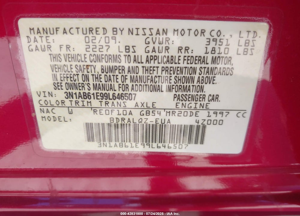 2009 NISSAN SENTRA VIN: 3N1AB61E99L646507
