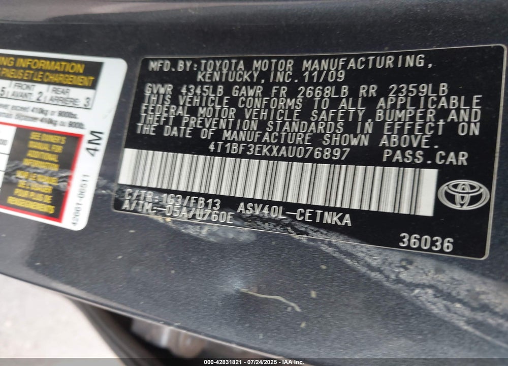 2010 TOYOTA CAMRY VIN: 4T1BF3EKXAU076897