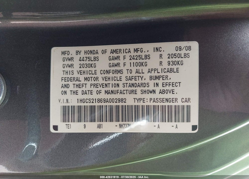 2009 HONDA ACCORD 3.5 EX-L VIN: 1HGCS21869A002982