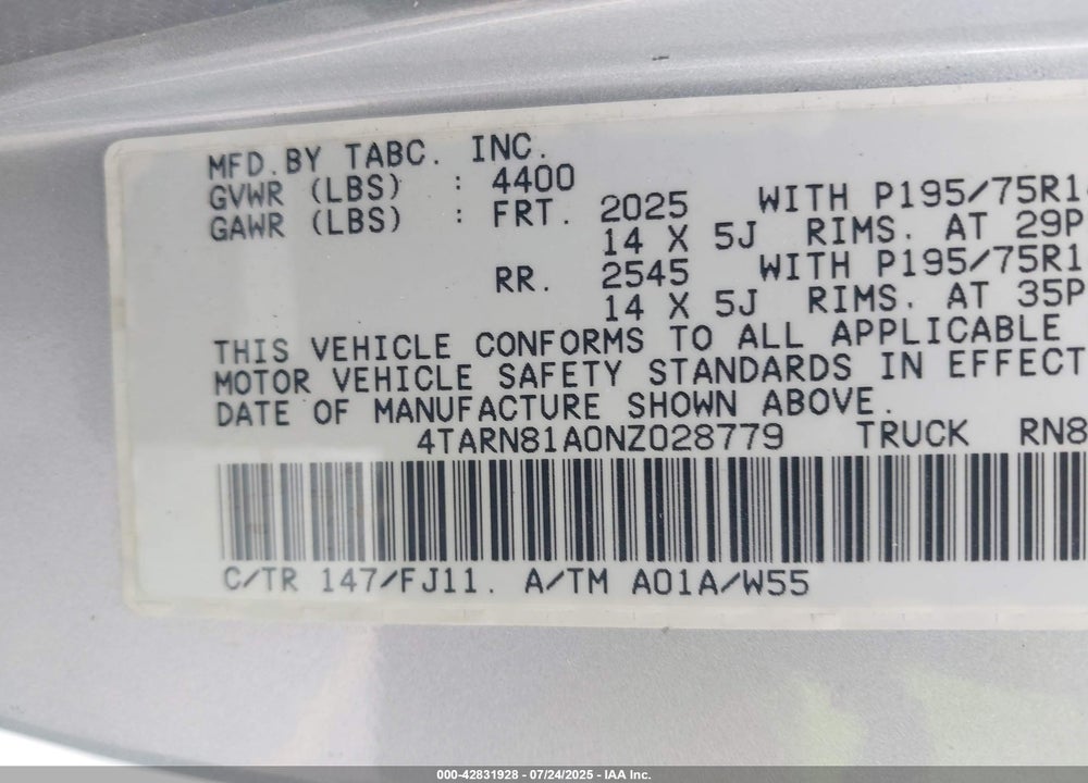 1992 TOYOTA PICKUP 1/2 TON SHORT WHLBASE STB VIN: 4TARN81A0NZ028779