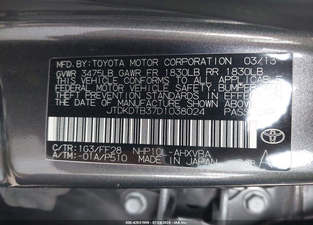 2013 TOYOTA PRIUS C VIN: JTDKDTB37D1038024