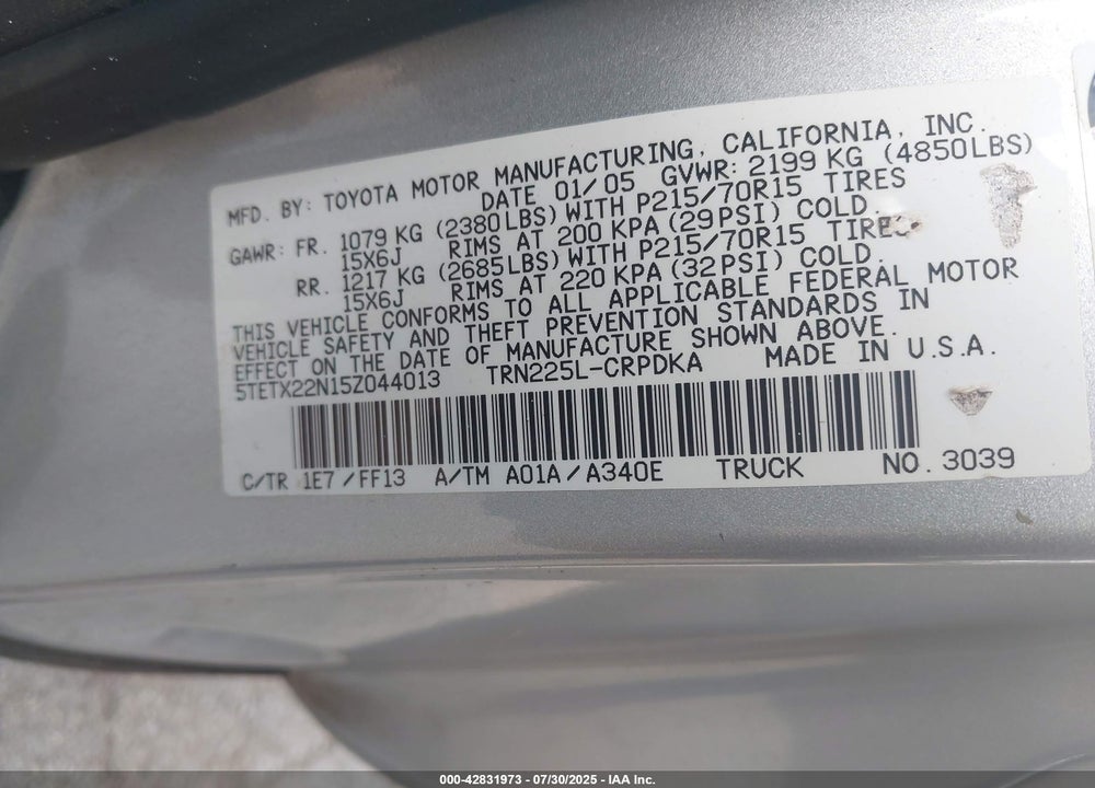 2005 TOYOTA TACOMA VIN: 5TETX22N15Z044013