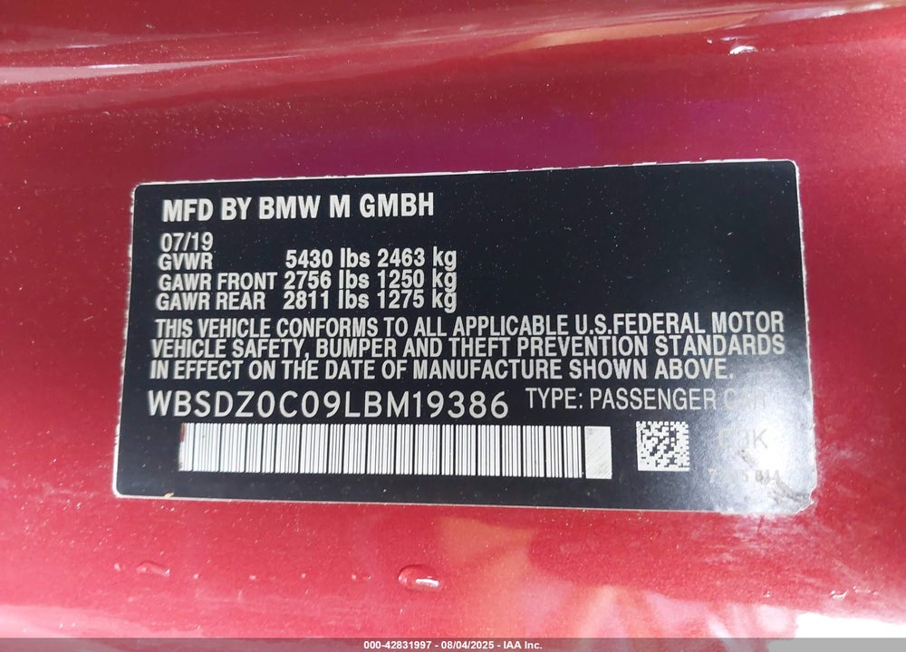 2020 BMW M8 VIN: WBSDZ0C03LBM09386