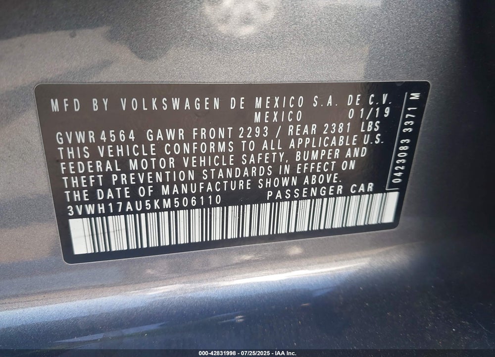 2019 VOLKSWAGEN GOLF ALLTRACK VIN: 3VWH17AU5KM506110
