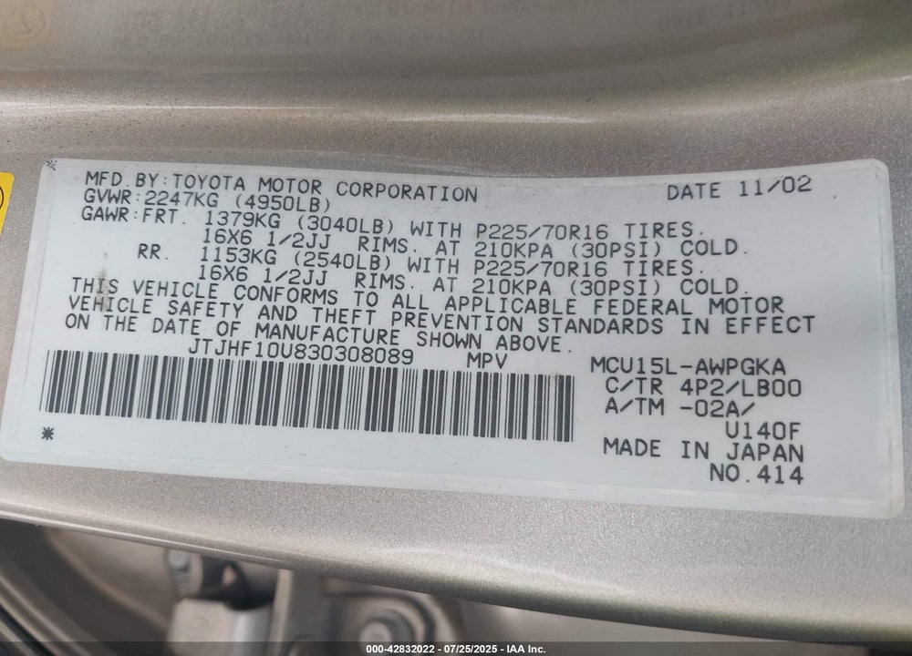 2003 LEXUS RX 300 VIN: JTJHF10U830308089