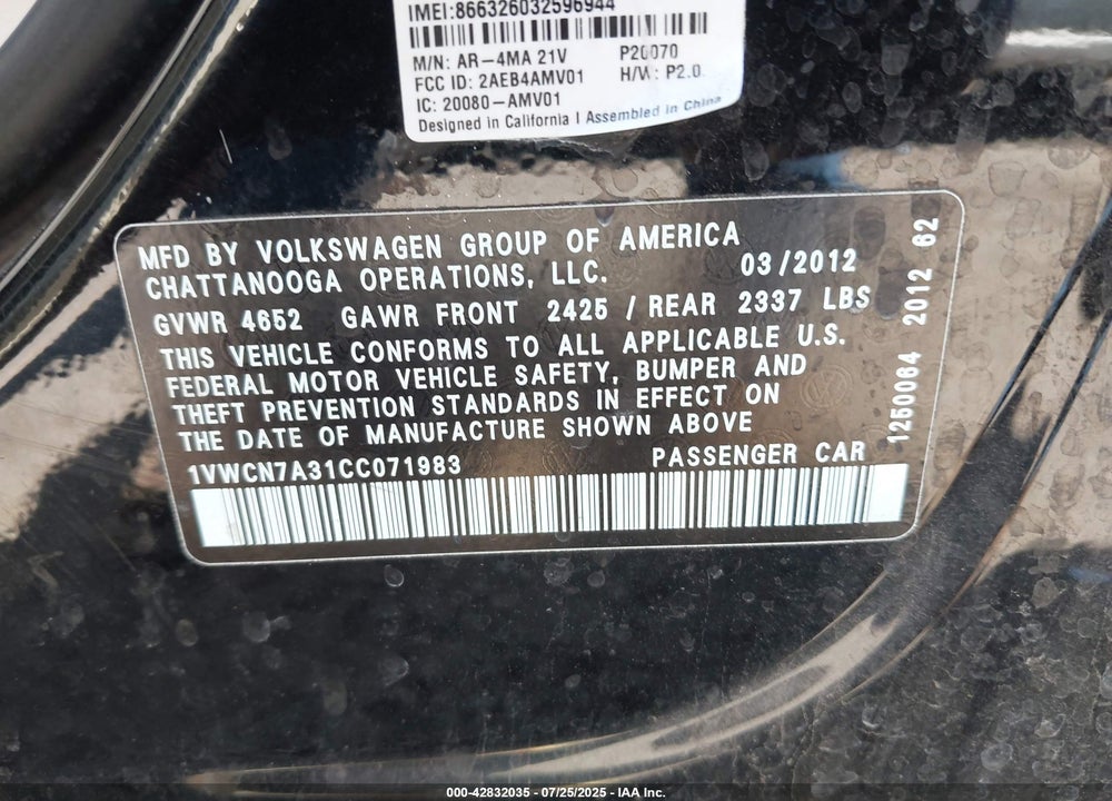 2012 VOLKSWAGEN PASSAT VIN: 1VWCN7A31CC071983