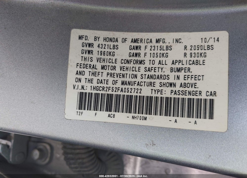 2015 HONDA ACCORD VIN: 1HGCR2F52FA052722