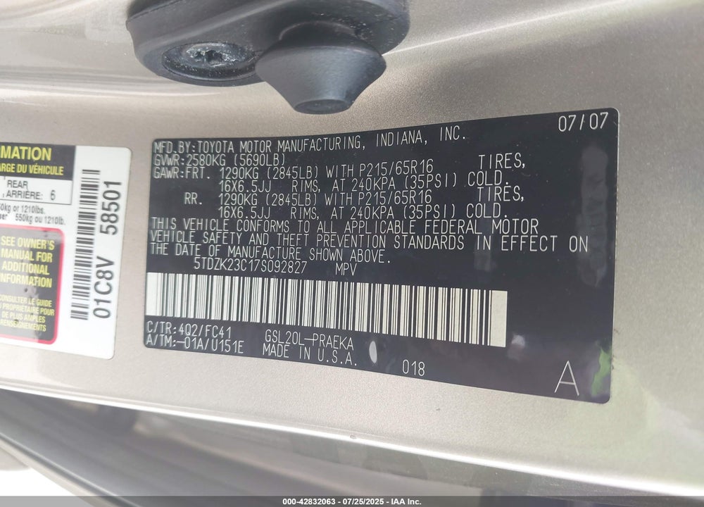 2007 TOYOTA SIENNA VIN: 5TDZK23C17S092827