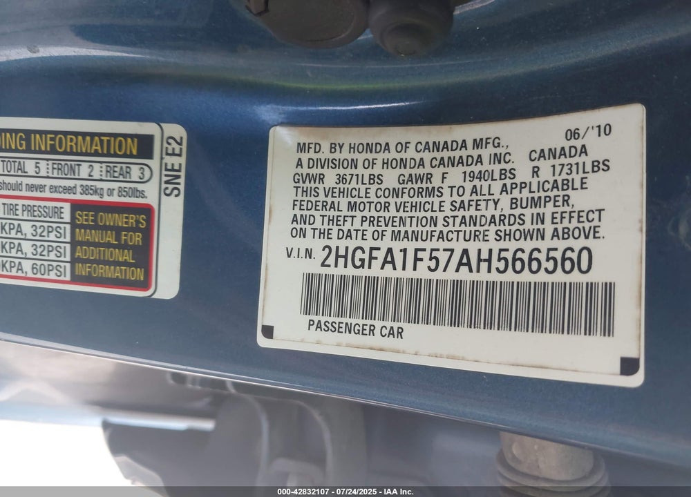 2010 HONDA CIVIC VIN: 2HGFA1F57AH566560