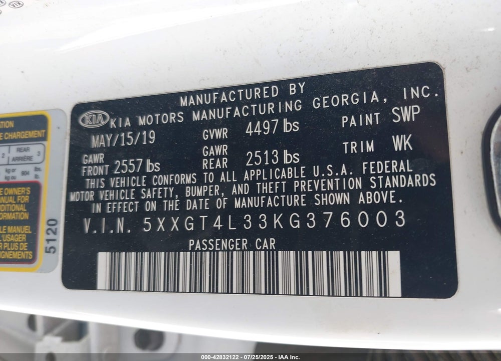 2019 KIA OPTIMA VIN: 5XXGT4L33KG376003