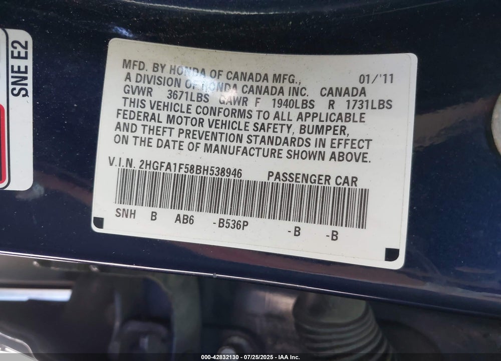 2011 HONDA CIVIC VIN: 2HGFA1F58BH538946