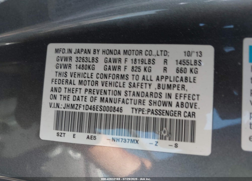 2014 HONDA CR-Z VIN: JHMZF1D46ES000846