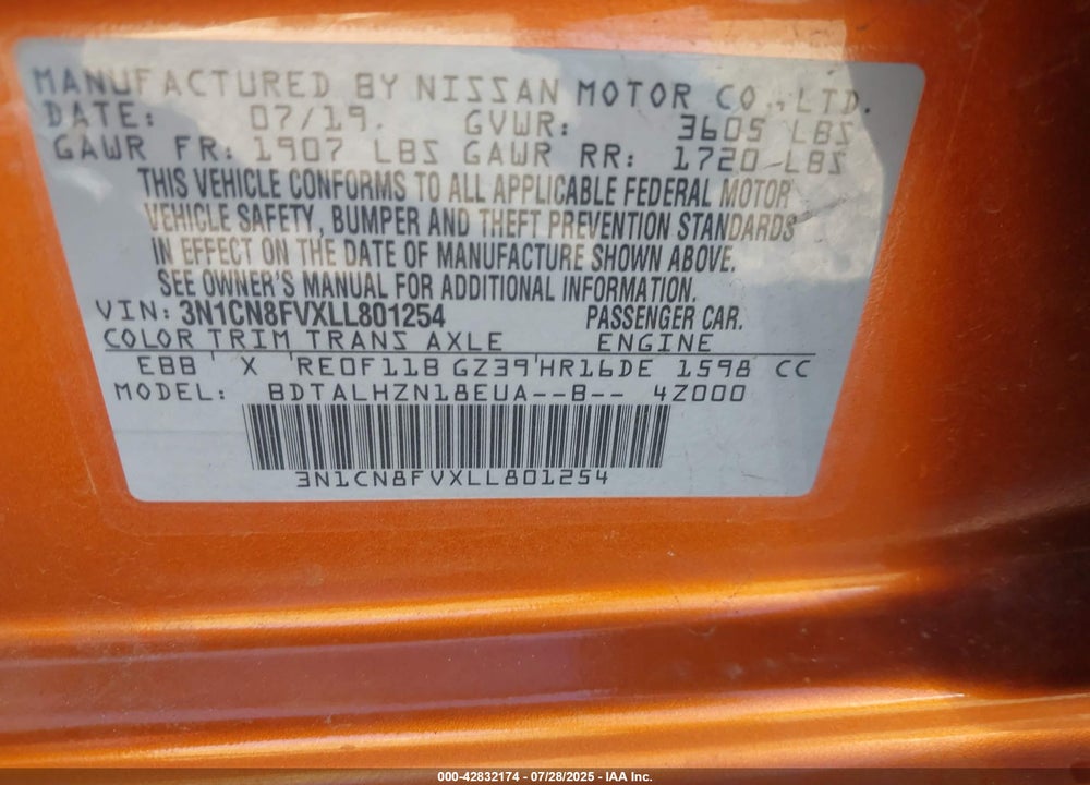 2020 NISSAN VERSA VIN: 3N1CN8FVXLL801254