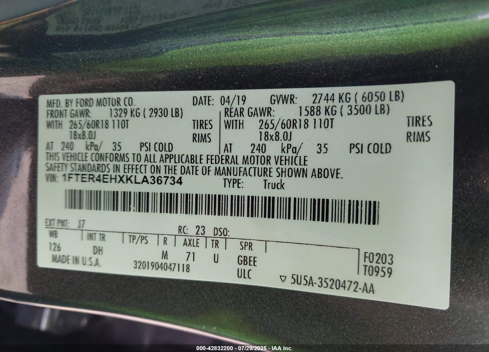 2019 FORD RANGER VIN: 1FTER4EHXKLA36734