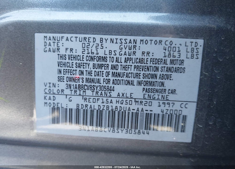 2025 NISSAN SENTRA VIN: 3N1AB8CV8SY305844