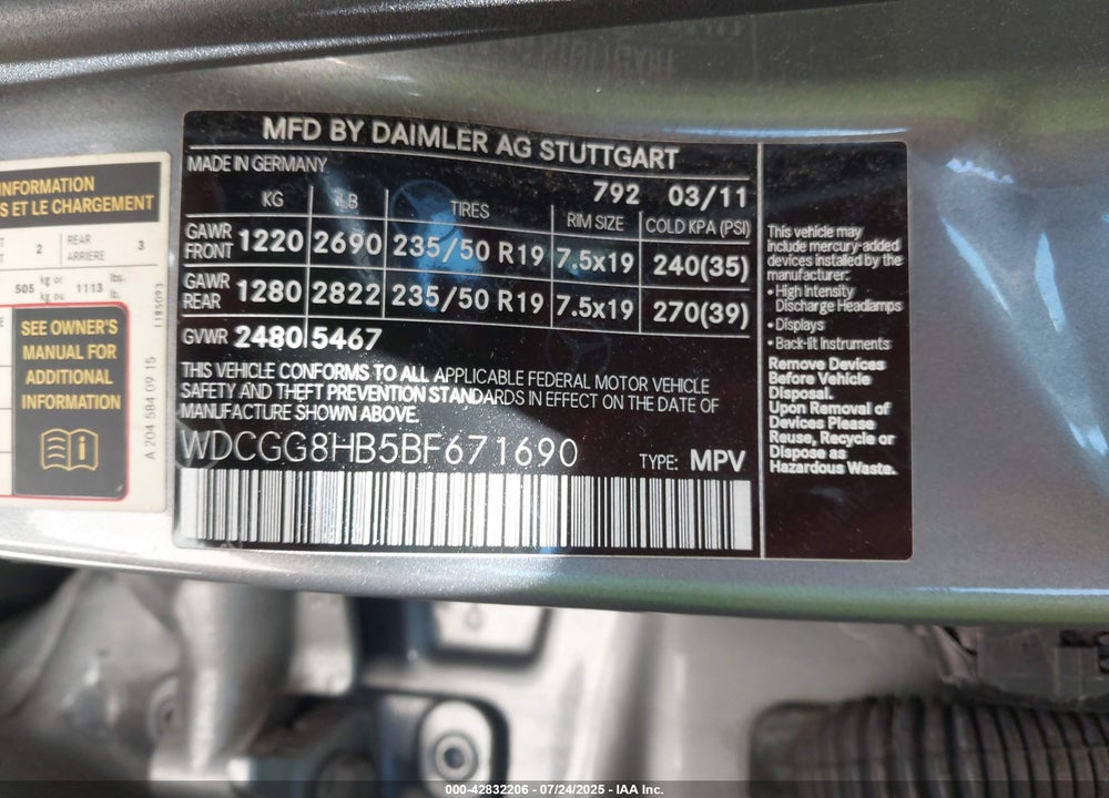 2011 MERCEDES-BENZ GLK-CLASS VIN: WDCGG8HB5BF671690