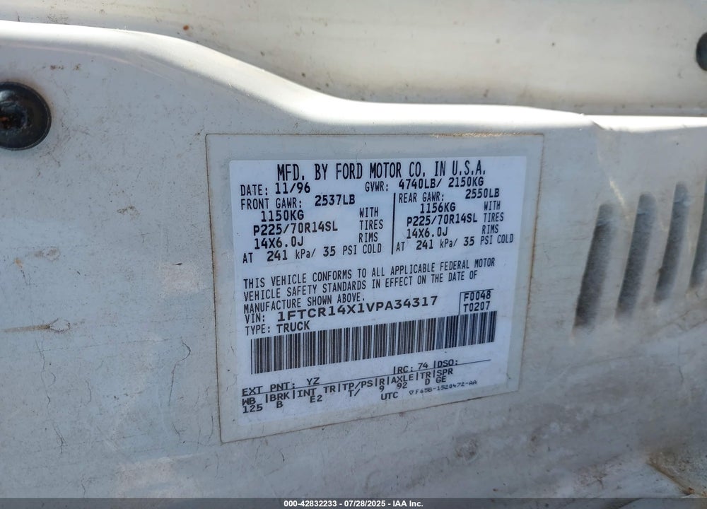 1997 FORD RANGER VIN: 1FTCR14X1VPA34317