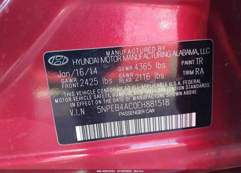 2014 HYUNDAI SONATA GLS VIN: 5NPEB4AC0EH881518