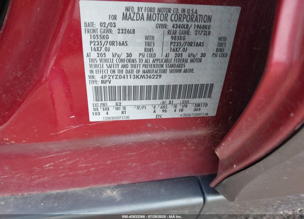 2003 MAZDA TRIBUTE VIN: 4F2YZ04113KM36229