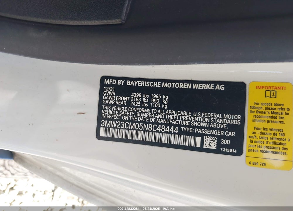 2022 BMW 2 SERIES VIN: 3MW23CM05N8C48444