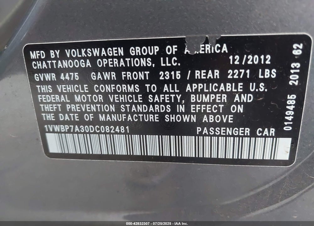 2013 VOLKSWAGEN PASSAT 2.5L SE VIN: 1VWBP7A30DC082481
