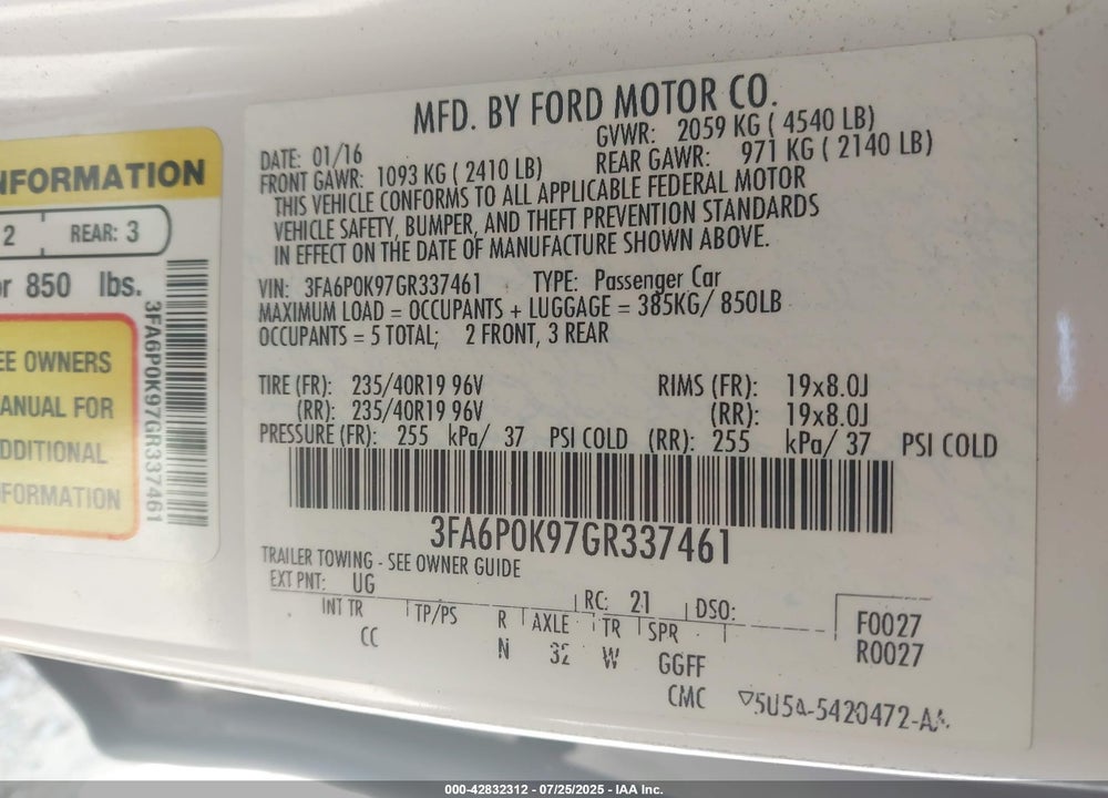 2016 FORD FUSION VIN: 3FA6P0K97GR337461
