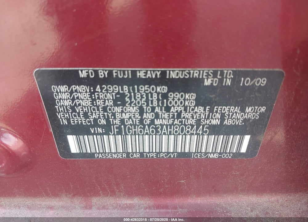 2010 SUBARU IMPREZA VIN: JF1GH6A63AH808445