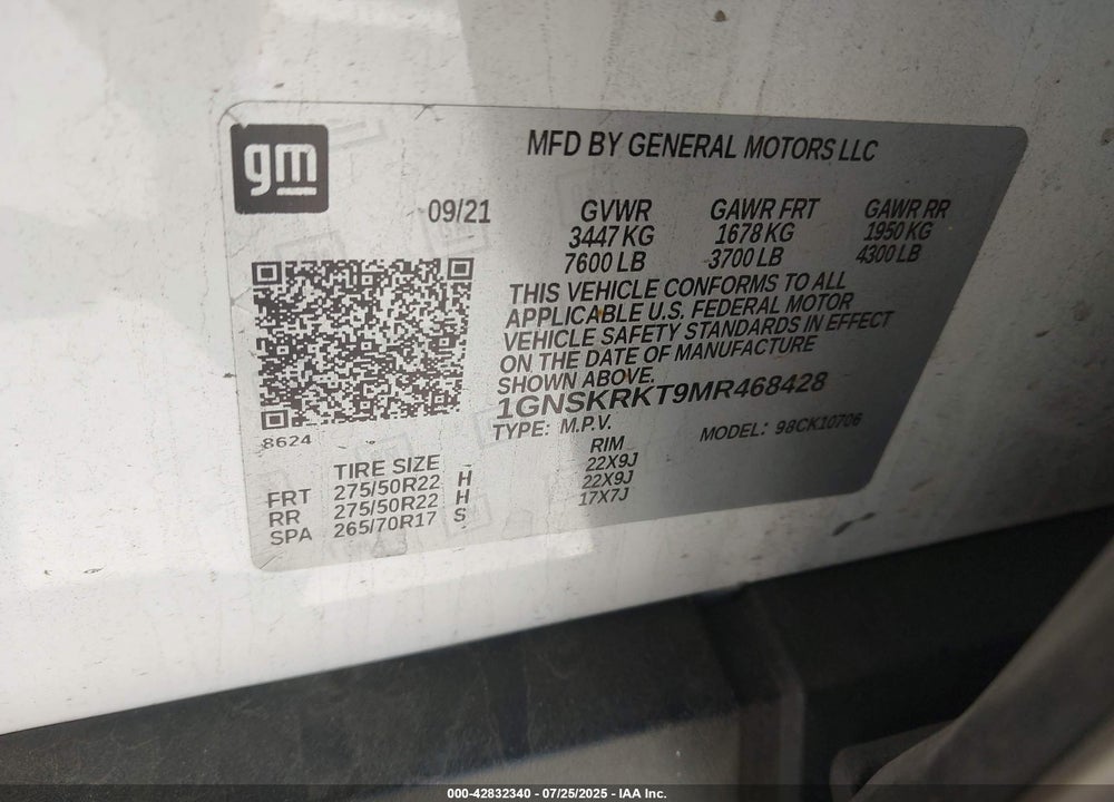 2021 CHEVROLET TAHOE VIN: 1GNSKRKT9MR468428