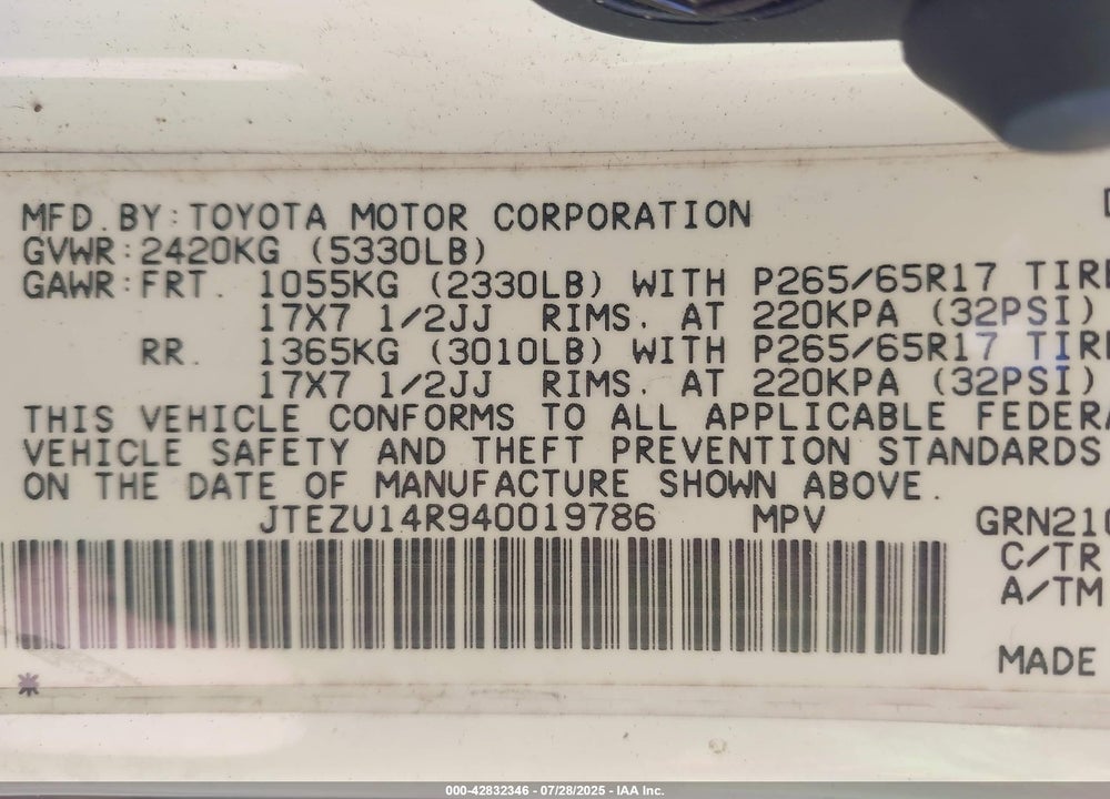 2004 TOYOTA 4RUNNER SR5 V6 VIN: JTEZU14R940019786