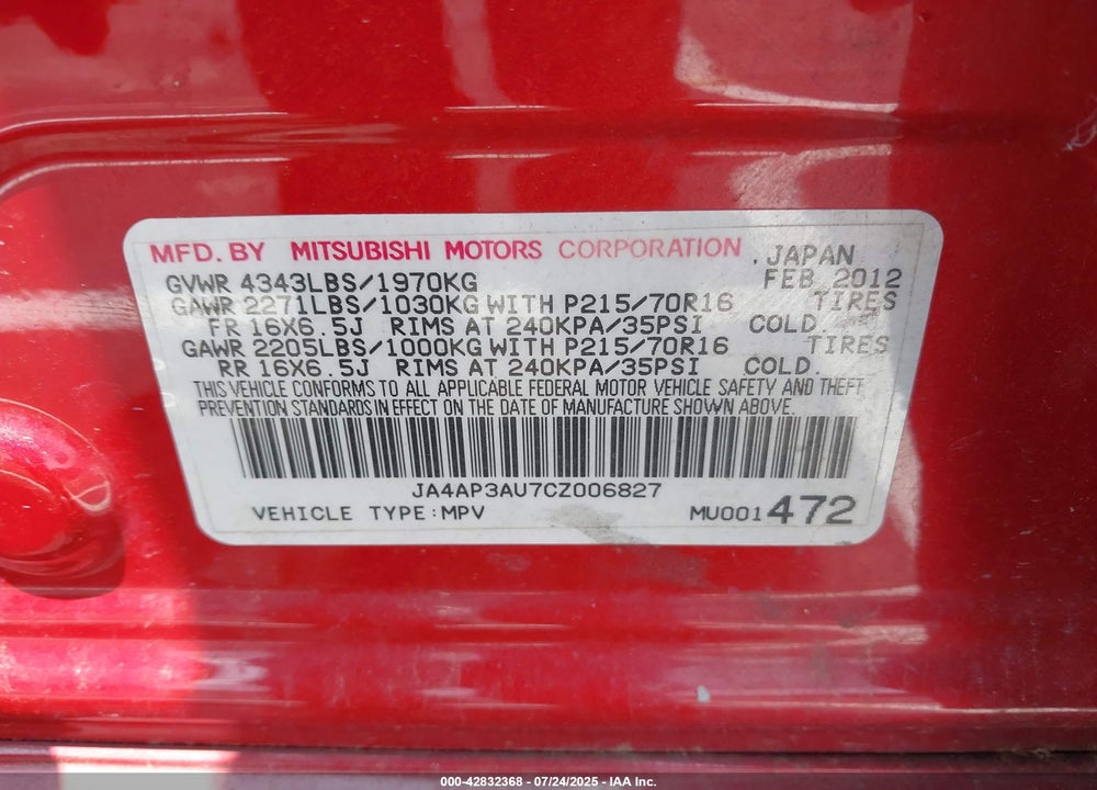 2012 MITSUBISHI OUTLANDER SPORT VIN: JA4AP3AU7CZ006827
