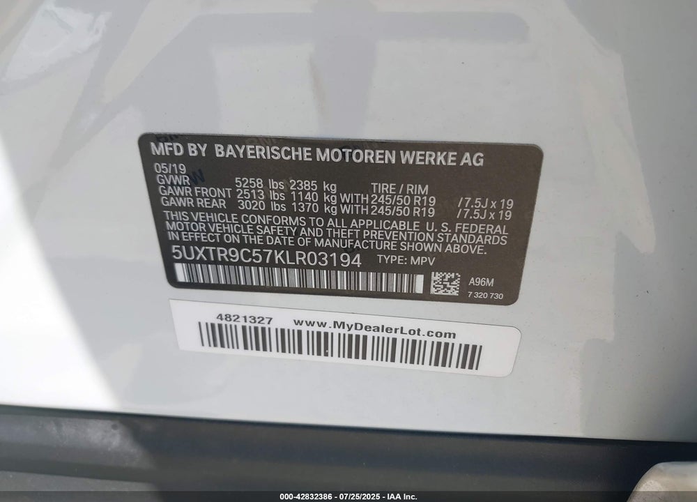2019 BMW X3 VIN: 5UXTR9C57KLR03194