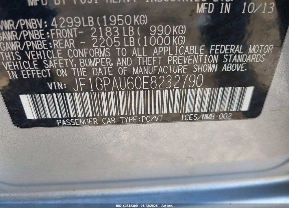 2014 SUBARU IMPREZA 2.0I SPORT LIMITED VIN: JF1GPAU60E8232790