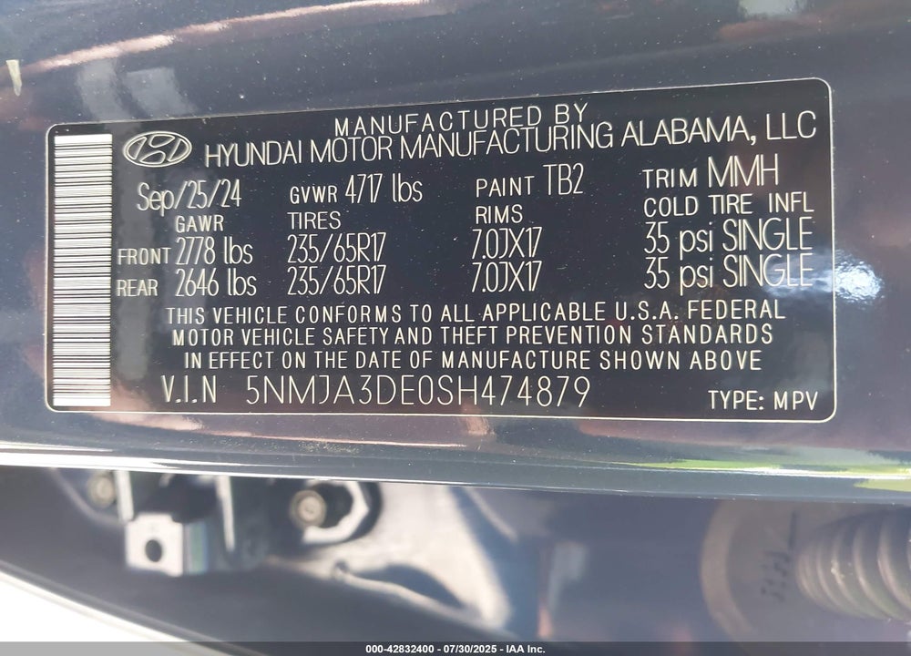 2025 HYUNDAI TUCSON VIN: 5NMJA3DE0SH474879
