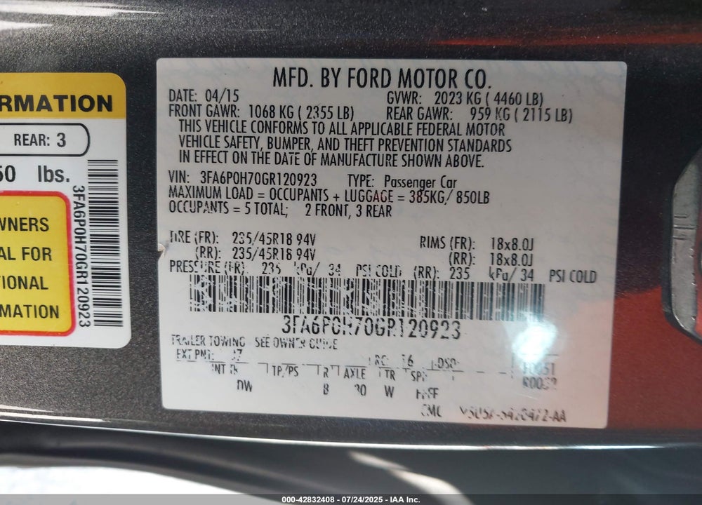 2016 FORD FUSION VIN: 3FA6P0H70GR120923
