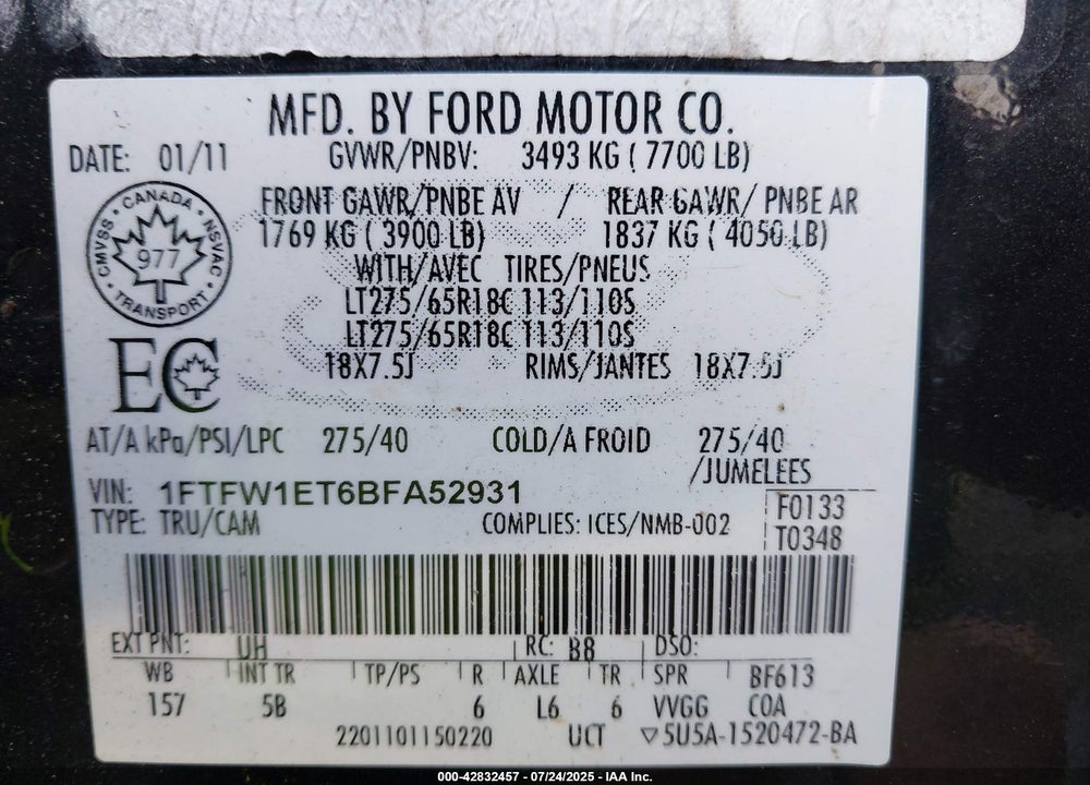 2011 FORD F-150 FX4 VIN: 1FTFW1ET6BFA52931