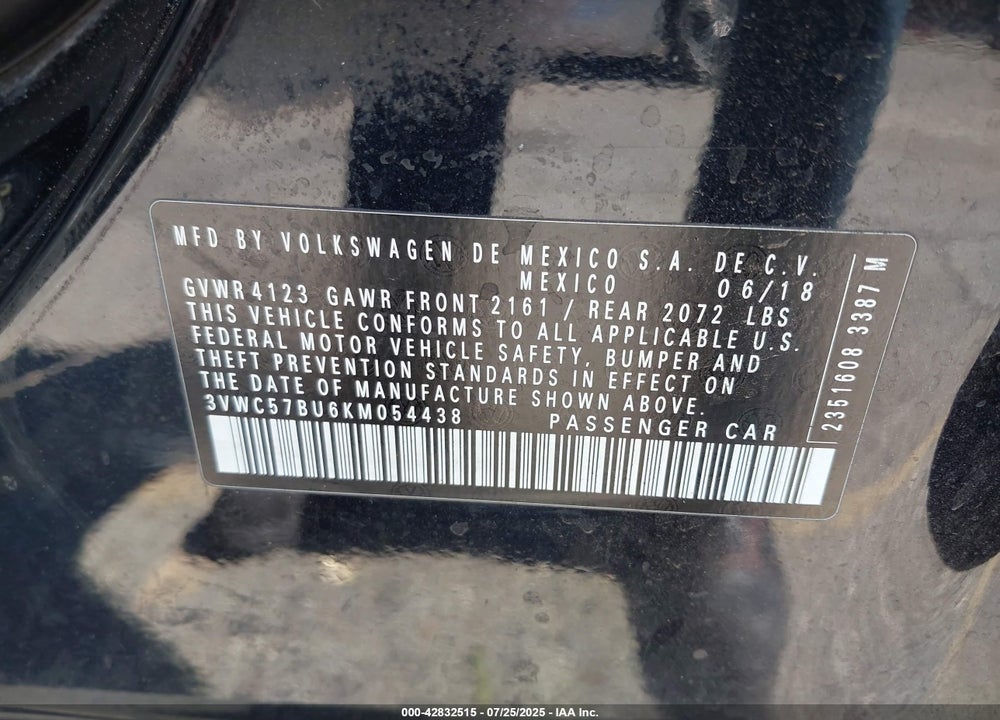 2019 VOLKSWAGEN JETTA VIN: 3VWC57BU6KM054438