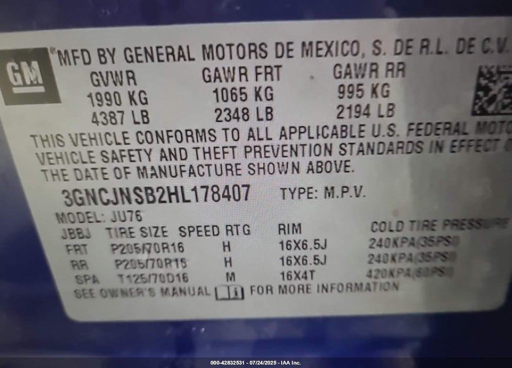 2017 CHEVROLET TRAX LS VIN: 3GNCJNSB2HL178407