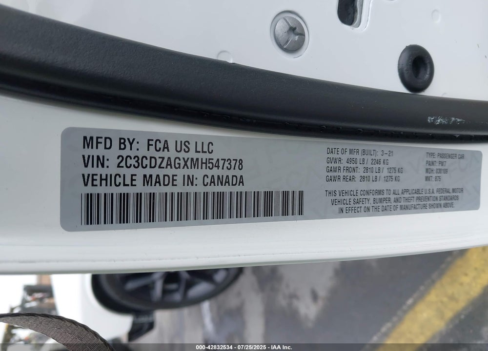 2021 DODGE CHALLENGER SXT VIN: 2C3CDZAGXMH547378