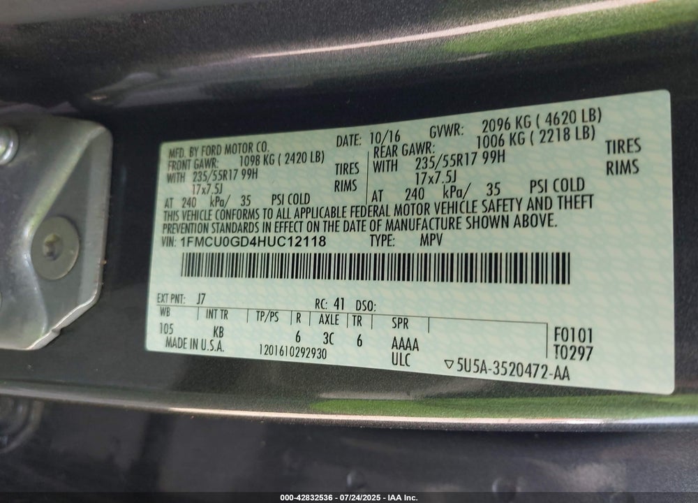 2017 FORD ESCAPE VIN: 1FMCU0GD4HUC12118