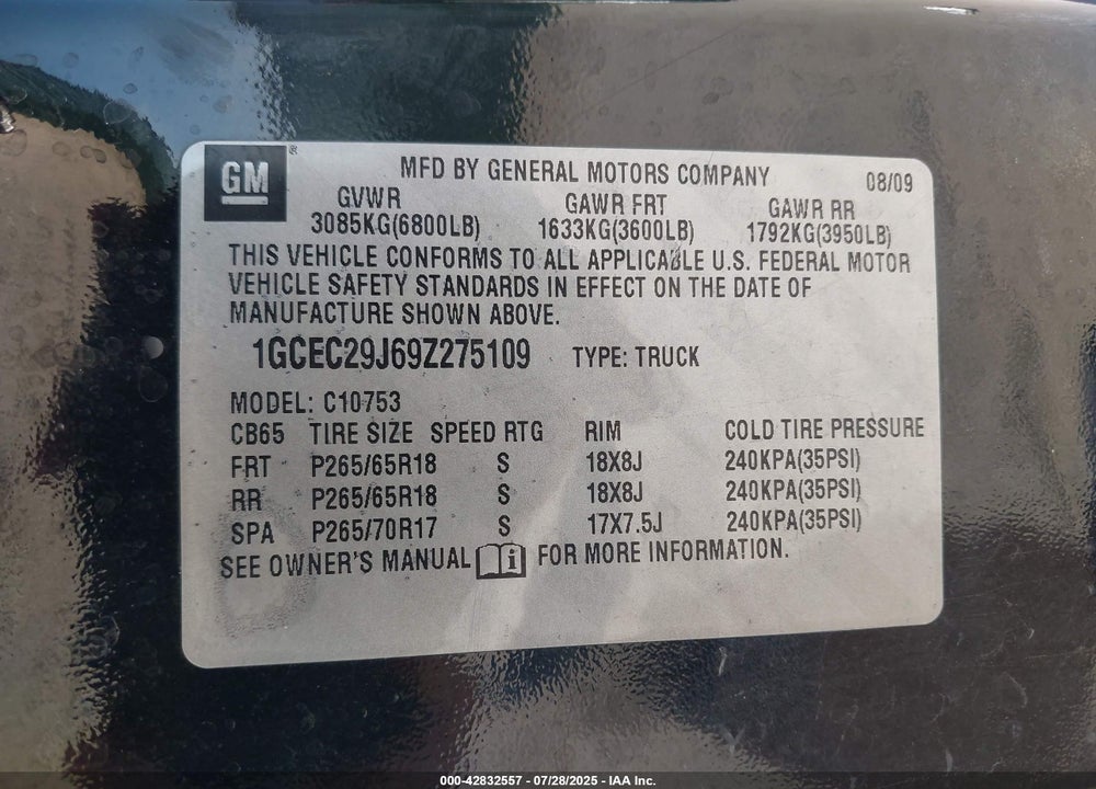 2009 CHEVROLET SILVERADO 1500 VIN: 1GCEC29J69Z275109